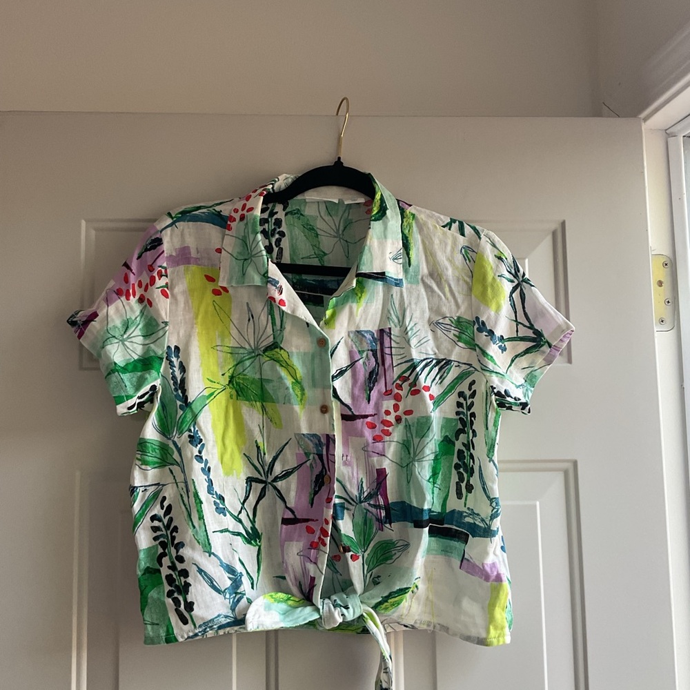 Sigrid Olsen White Multicolor 100% Linen Botanical Tie-Front Button-Down